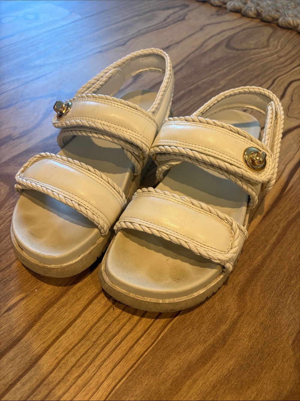 Target Cream Braided Strap Sandals with Gold Button Accent